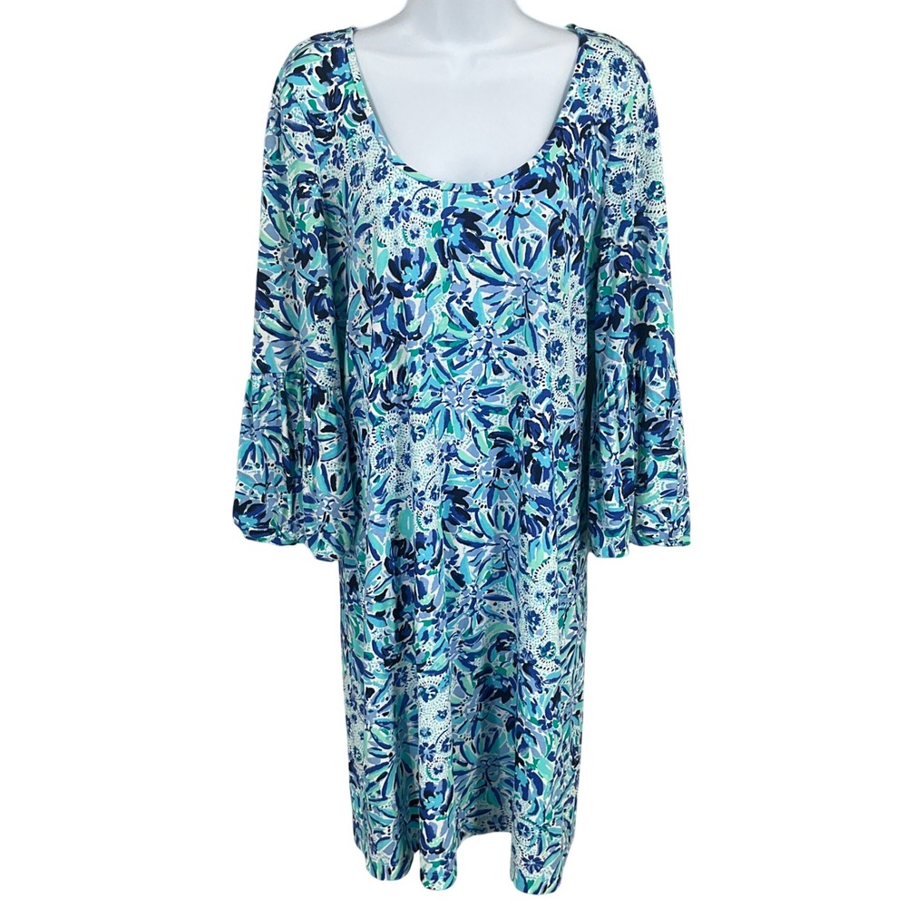 Lilly Pulitzer Dress Womens L Blue Pima Cotton Floral Bell Sleeve Coastal Resort